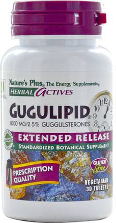 Herbal Actives, Gugulipid, Extended Release, 1000 mg, 30 Veggie Tabs by Natures Plus-Örter, Guggul (Commiphora Mukul)