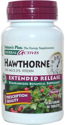 Herbal Actives, Hawthorne, Extended Release, 300 mg, 30 Veggie Tabs by Natures Plus-Örter, Hagtorn