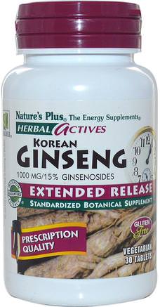 Herbal Actives, Korean Ginseng, Extended Release, 1000 mg, 30 Tablets by Natures Plus-Kosttillskott, Adaptogen