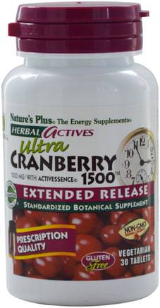 Herbal Actives, Ultra Cranberry 1500, 1500 mg, 30 Veggie Tabs by Natures Plus-Örter, Tranbär