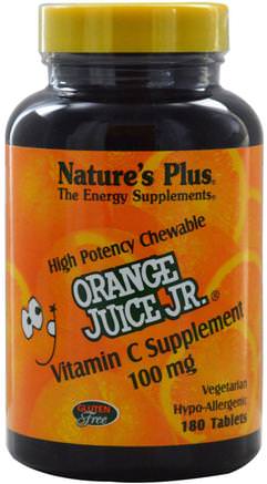 Orange Juice Jr., Vitamin C Supplement, 100 mg, 180 Tablets by Natures Plus-Vitaminer, Vitamin C, C-Vitamin Tuggbar