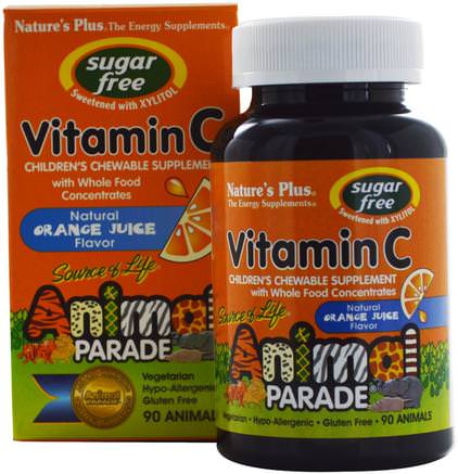 Source of Life, Animal Parade, Vitamin C, Sugar Free, Natural Orange Juice Flavor, 90 Animals by Natures Plus-Vitaminer, Vitamin C, C-Vitamin Tuggbar