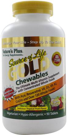 Source of Life, Gold Chewables, Delicious Tropical Fruit Flavor, 90 Tablets by Natures Plus-Vitaminer, Multivitaminer