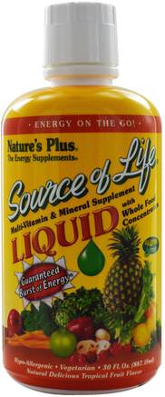 Source of Life, Liquid Multi-Vitamin & Mineral Supplement, Tropical Fruit Flavor, 30 fl oz (887.10 ml) by Natures Plus-Vitaminer, Flytande Multivitaminer