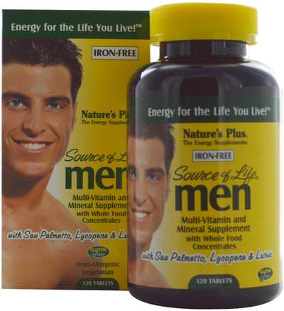 Source of Life, Men, Multi-Vitamin and Mineral Supplement, Iron-Free, 120 Tablets by Natures Plus-Vitaminer, Män Multivitaminer, Män