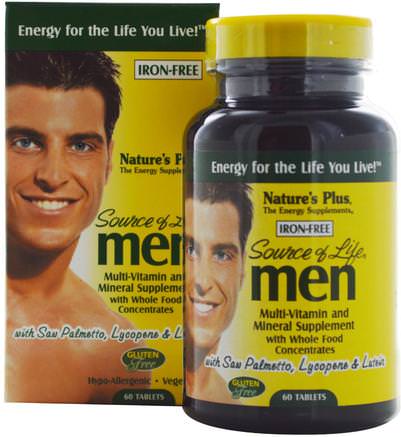 Source of Life Men, Multi-Vitamin and Mineral Supplement, Iron-Free, 60 Tablets by Natures Plus-Vitaminer, Män Multivitaminer, Män