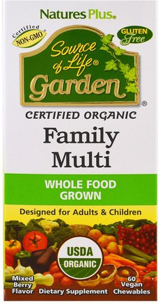 Source of Life, Organic Family Multi, Mixed Berry Flavor, 60 Veggie Chewables by Natures Plus-Vitaminer, Multivitaminer