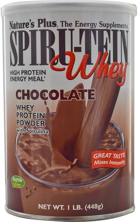 Spiru-Tein Whey, High Protein Energy Meal, Chocolate, 1 lb. (448 g) by Natures Plus-Kosttillskott, Protein