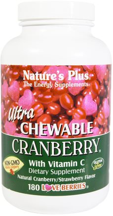 Ultra Chewable Cranberry with Vitamin C, Natural Cranberry/Strawberry Flavor, 180 Love-Berries by Natures Plus-Örter, Tranbär