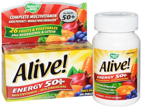 Alive!, Energy 50+, Multivitamin-Multimineral, For Adults 50+, 60 Tablets by Natures Way-Vitaminer, Multivitaminer