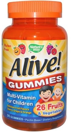 Alive! Gummies, Multi-Vitamin for Children, Cherry, Grape & Orange, 90 Gummies by Natures Way-Vitaminer, Barn Multivitaminer
