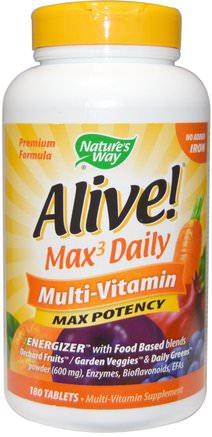 Alive! Max Potency, Multi-Vitamin, No Added Iron, 180 Tablets by Natures Way-Vitaminer, Multivitaminer