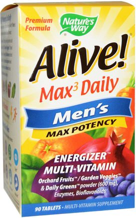 Alive!, Max3 Daily, Mens Max Potency, 90 Tablets by Natures Way-Vitaminer, Män Multivitaminer