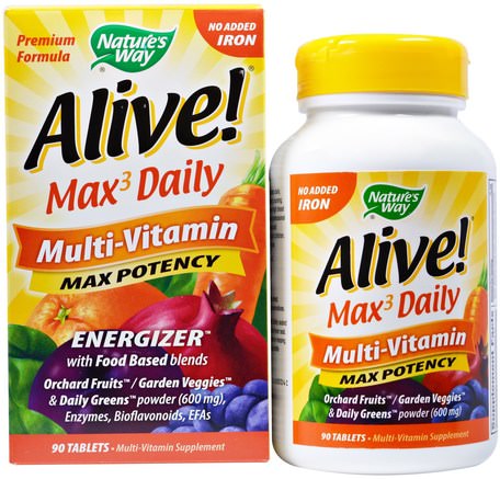 Alive! Max3 Daily Multi-Vitamin, No Iron Added, 90 Tablets by Natures Way-Vitaminer, Multivitaminer