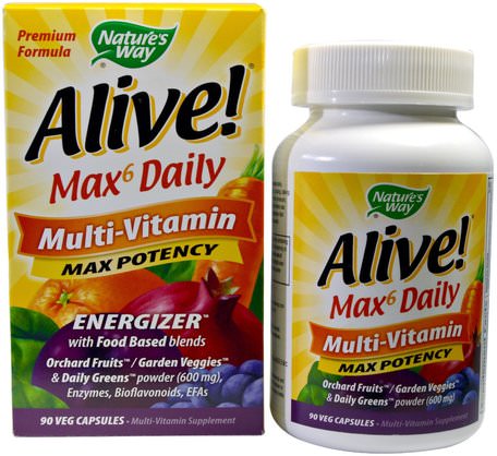 Alive!, Max6 Daily, Multi-Vitamin, Max Potency, 90 Veggie Caps by Natures Way-Vitaminer, Multivitaminer