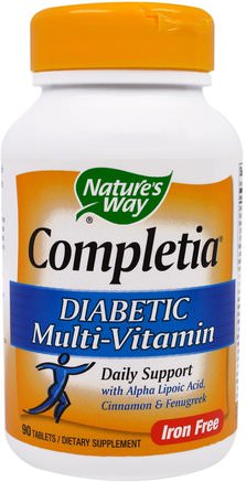 Completia, Diabetic Multi-Vitamin, Iron Free, 90 Tablets by Natures Way-Vitaminer, Multivitaminer