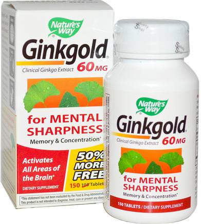 Ginkgold, Memory & Concentration, 60 mg, 150 Tablets by Natures Way-Kosttillskott, Örter