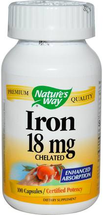 Iron Chelated, 18 mg, 100 Capsules by Natures Way-Vitaminer, Kosttillskott, Järn