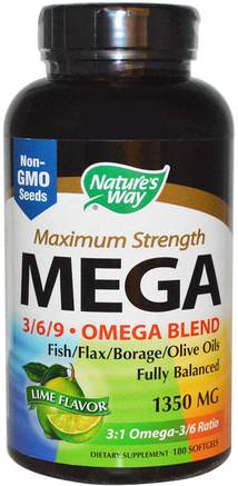 Maximum Strength Mega 3/6/9, Omega Blend, Lime Flavor, 1350 mg, 180 Softgels by Natures Way-Kosttillskott, Efa Omega 3 6 9 (Epa Dha)