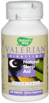 Valerian Nighttime, Natural Sleep Aid, Odor Free, 100 Tablets by Natures Way-Örter, Valerianer