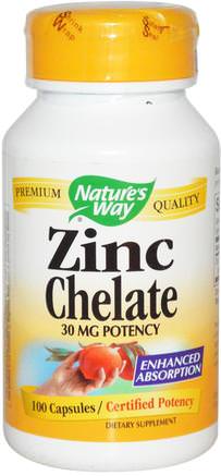 Zinc Chelate, 30 mg, 100 Capsules by Natures Way-Kosttillskott, Mineraler, Zink