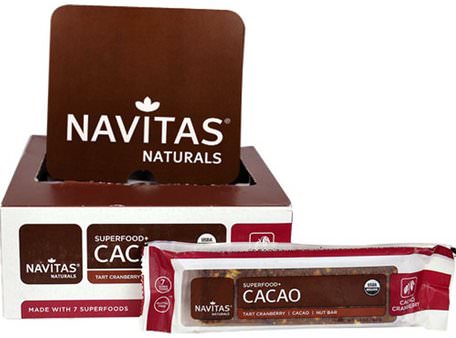 Organic Superfood + Cacao, Cacao Cranberry, 12 Bar, 16.8 oz (480 g) by Navitas Organics-Kosttillskott, Superfoods, Näringsrika Barer