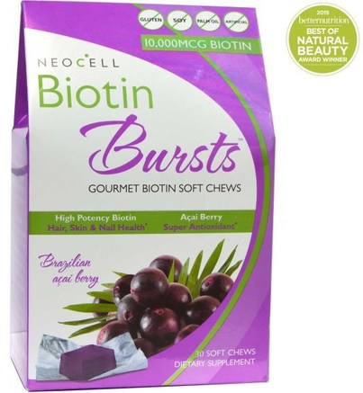 Biotin Bursts, Brazilian Acai Berry, 30 Soft Chews by Neocell-Vitaminer, Vitamin B, Biotin, Hälsa, Kvinnor, Hårtillskott, Nageltillskott, Hudtillskott
