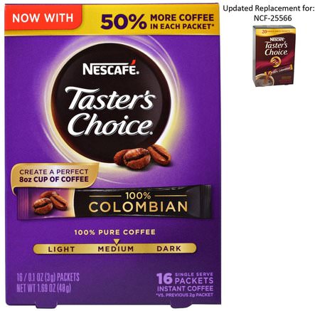 Tasters Choice, Instant Coffee, 100% Colombian, 16 Single Serve Packets, 0.1 oz (3 g) Each by Nescaf-Mat, Kaffe, Omedelbar Kaffe, Keto Vänlig