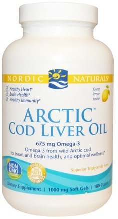 Arctic Cod Liver Oil, Lemon, 1000 mg, 180 Soft Gels by Nordic Naturals-Kosttillskott, Efa Omega 3 6 9 (Epa Dha), Torskleverolja, Mjölkgeler För Torskleverolja