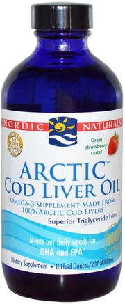Arctic Cod Liver Oil, Strawberry, 8 fl oz (237 ml) by Nordic Naturals-Kosttillskott, Efa Omega 3 6 9 (Epa Dha), Torskleverolja, Torskleveroljevätska