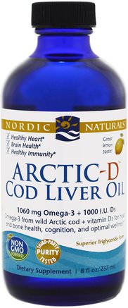 Arctic-D Cod Liver Oil, Lemon, 8 fl oz (237 ml) by Nordic Naturals-Kosttillskott, Efa Omega 3 6 9 (Epa Dha), Torskleverolja, Torskleveroljevätska, Vitaminer, Vitamin D3-Vätska
