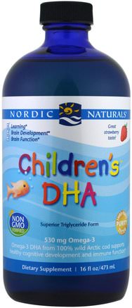 Childrens DHA, Strawberry, 16 fl oz (473 ml) by Nordic Naturals-Kosttillskott, Efa Omega 3 6 9 (Epa Dha), Dha, Barns Hälsa, Kosttillskott Barn