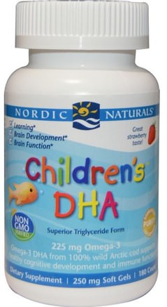 Childrens DHA, Strawberry, 250 mg, 180 Soft Gels by Nordic Naturals-Barns Hälsa, Kosttillskott Barn