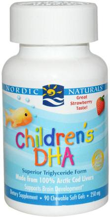 Childrens DHA, Strawberry, 250 mg, 90 Chewable Soft Gels by Nordic Naturals-Barns Hälsa, Kosttillskott Barn