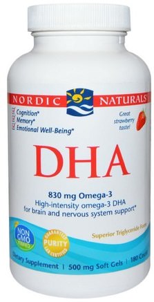 DHA, Strawberry, 500 mg, 180 Soft Gels by Nordic Naturals-Sverige