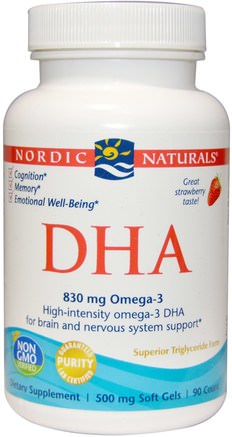 DHA, Strawberry, 500 mg, 90 Soft Gels by Nordic Naturals-Sverige