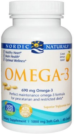 Omega-3, Lemon, 1.000 mg, 60 Soft Gels by Nordic Naturals-Sverige