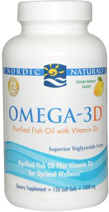 Omega-3D, Lemon, 1000 mg, 120 Soft Gels by Nordic Naturals-Vitaminer, Vitamin D3