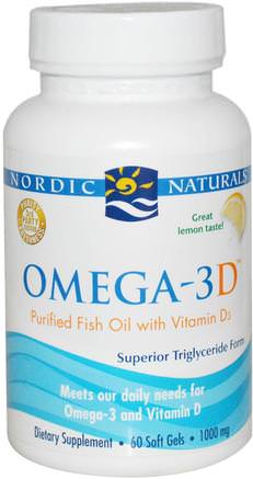 Omega-3D, Lemon, 1000 mg, 60 Soft Gels by Nordic Naturals-Vitaminer, Vitamin D3