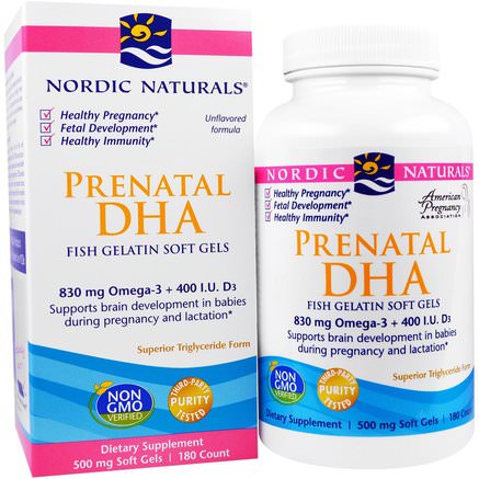 Prenatal DHA, Fish Gelatin, Unflavored, 500 mg, 180 Soft Gels by Nordic Naturals-Hälsa, Graviditet