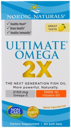 Ultimate Omega 2X, Lemon, 60 Soft Gels by Nordic Naturals-Kosttillskott, Efa Omega 3 6 9 (Epa Dha), Fiskolja