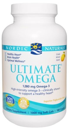 Ultimate Omega, Lemon Flavor, 1000 mg, 180 Soft Gels by Nordic Naturals-Kosttillskott, Efa Omega 3 6 9 (Epa Dha), Dha