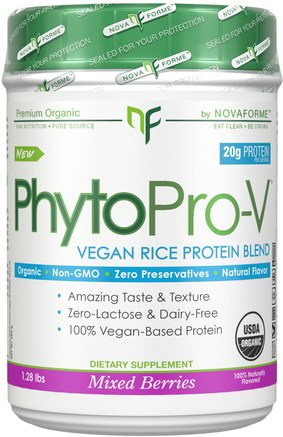PhytoPro-V, Certified USDA Raw Organic Premium Vegan Rice Protein, Mixed Berries, 1.28 lbs (580 g) by NovaForme-Sverige
