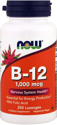 B-12, 1.000 mcg, 250 Lozenges by Now Foods-Vitaminer, Vitamin B, Vitamin B12, Vitamin B12 - Cyanokobalamin