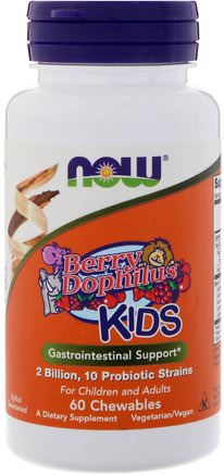 BerryDophilus, Kids, 2 Billion, 60 Chewables by Now Foods-Kosttillskott, Probiotika, Probiotika För Barn