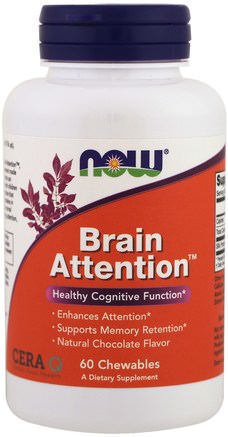 Brain Attention, Natural Chocolate Flavor, 60 Chewables by Now Foods-Kosttillskott, Hälsa, Uppmärksamhet Underskott Störning, Lägg Till, Adhd