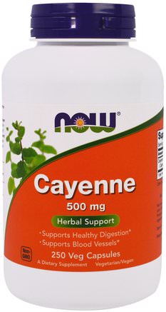 Cayenne, 500 mg, 250 Veggie Caps by Now Foods-Örter, Cayennepeppar (Capsicum)