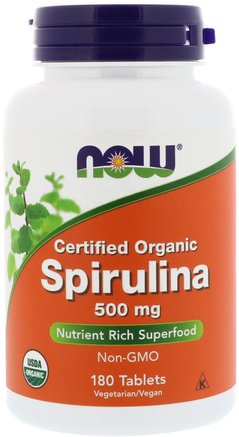 Certified Organic Spirulina, 500 mg, 180 Tablets by Now Foods-Kosttillskott, Spirulina