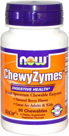 ChewyZymes, Natural Berry Flavor, 90 Chewables by Now Foods-Kosttillskott, Enzymer, Matsmältning, Mage