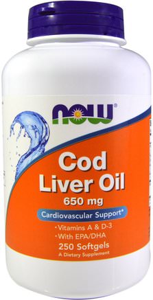 Cod Liver Oil, 650 mg, 250 Softgels by Now Foods-Kosttillskott, Efa Omega 3 6 9 (Epa Dha), Torskleverolja, Mjölkgeler För Torskleverolja